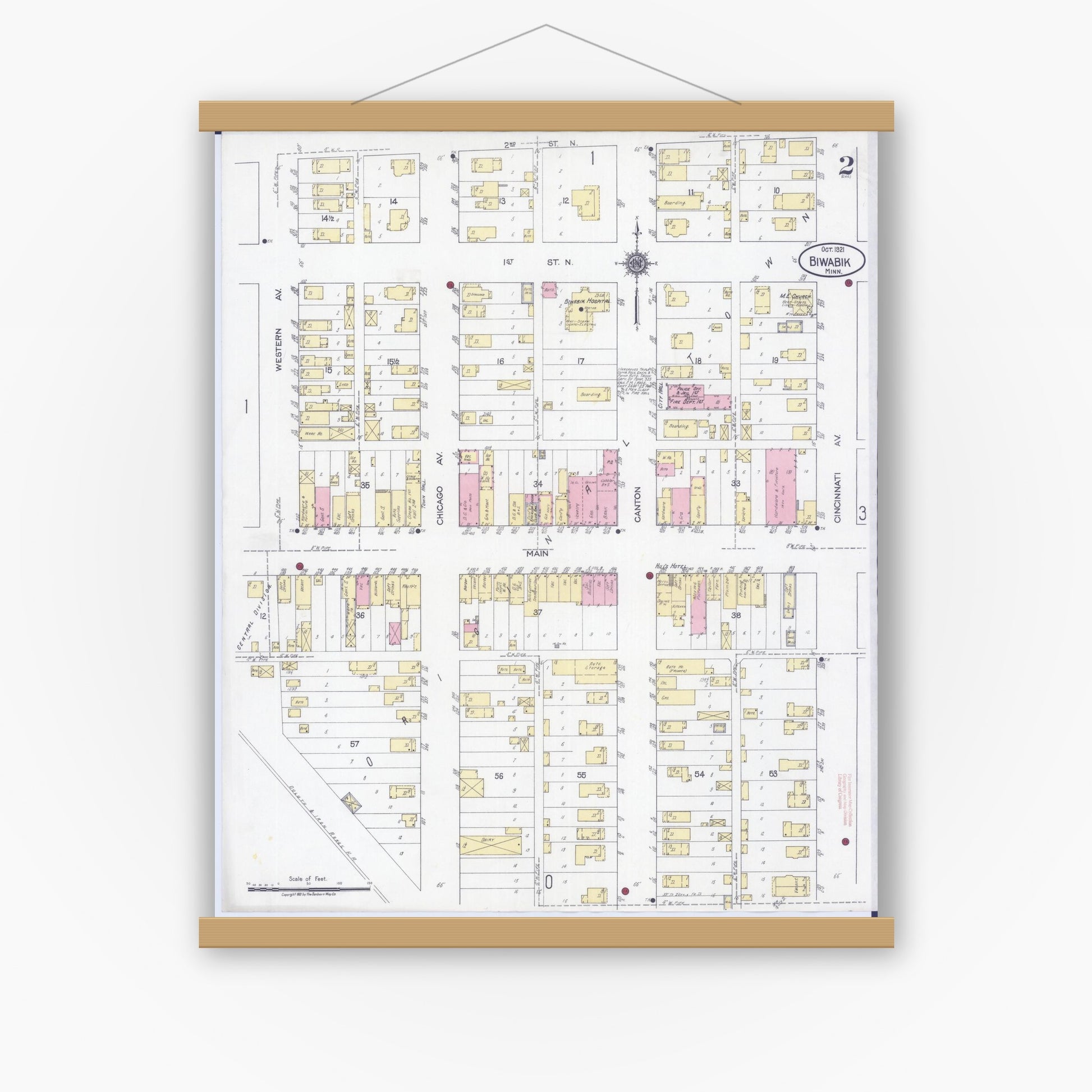 Old map wall art mockup — magnetic wood frame on white wall — Sanborn Fire Insurance Map from Biwabik, Saint Louis County, Minnesota (1921), Sheet #0002
