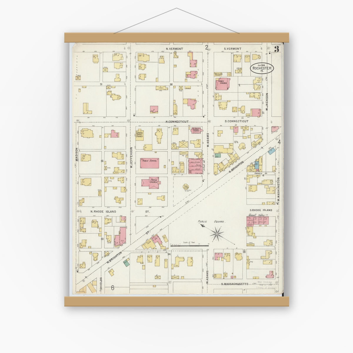 Old map wall art mockup — magnetic wood frame on white wall — Sanborn Fire Insurance Map from Rochester, Beaver County, Pennsylvania (1898), Sheet #0003