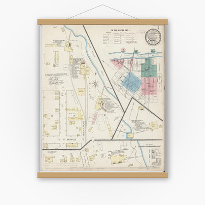 Old map wall art mockup — magnetic wood frame on white wall — Sanborn Fire Insurance Map from Carmi, White County, Illinois (1886) - Complete Map Set