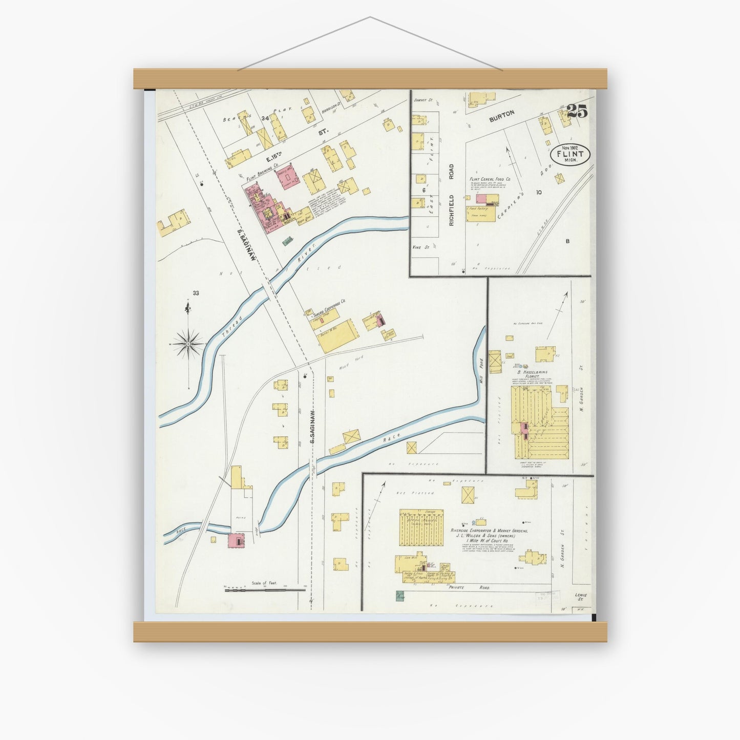 Old map wall art mockup — magnetic wood frame on white wall — Sanborn Fire Insurance Map from Flint, Genesee County, Michigan (1902), Sheet #0025