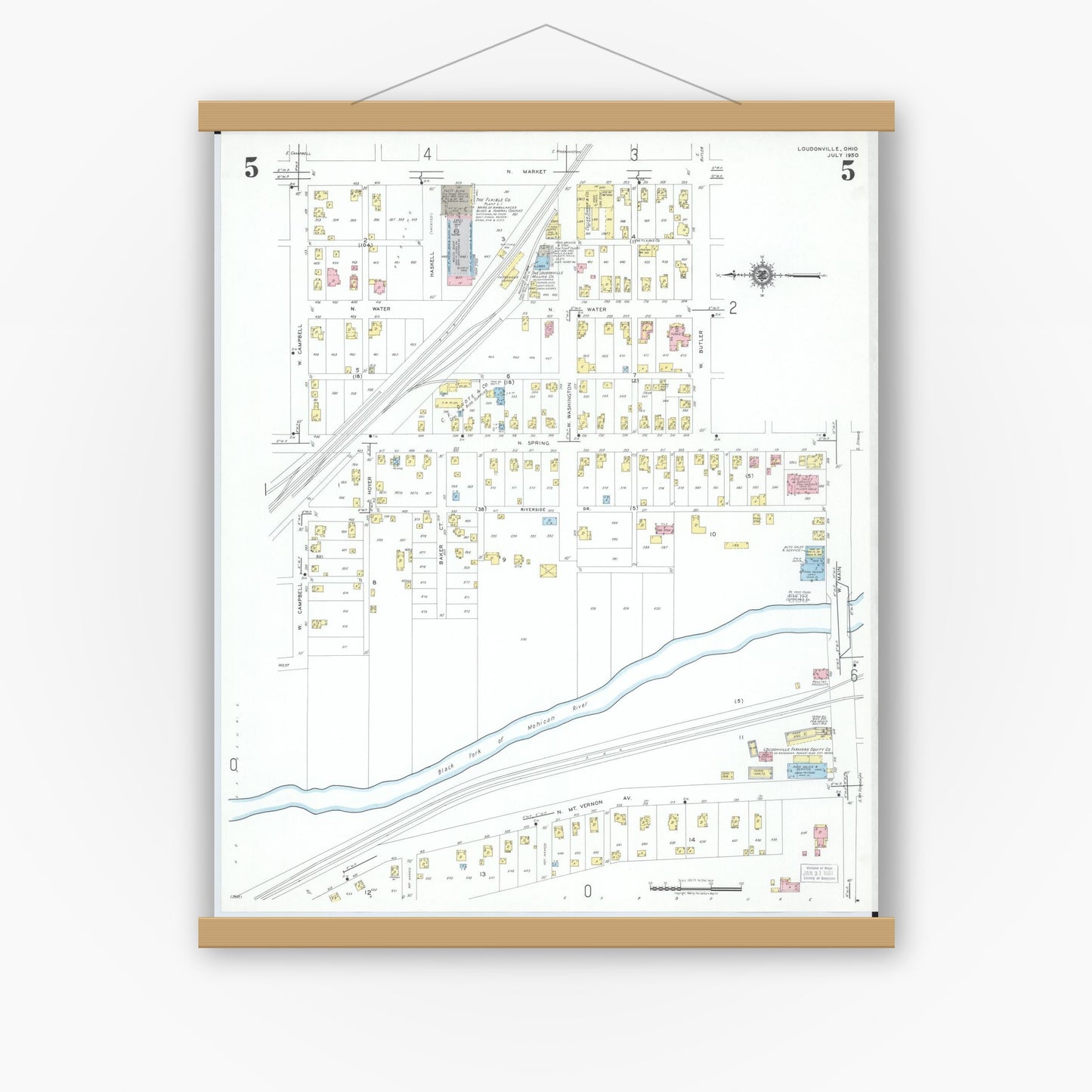 Old map wall art mockup — magnetic wood frame on white wall — Sanborn Fire Insurance Map from Loudonville, Ashland County, Ohio (1950), Sheet #0005