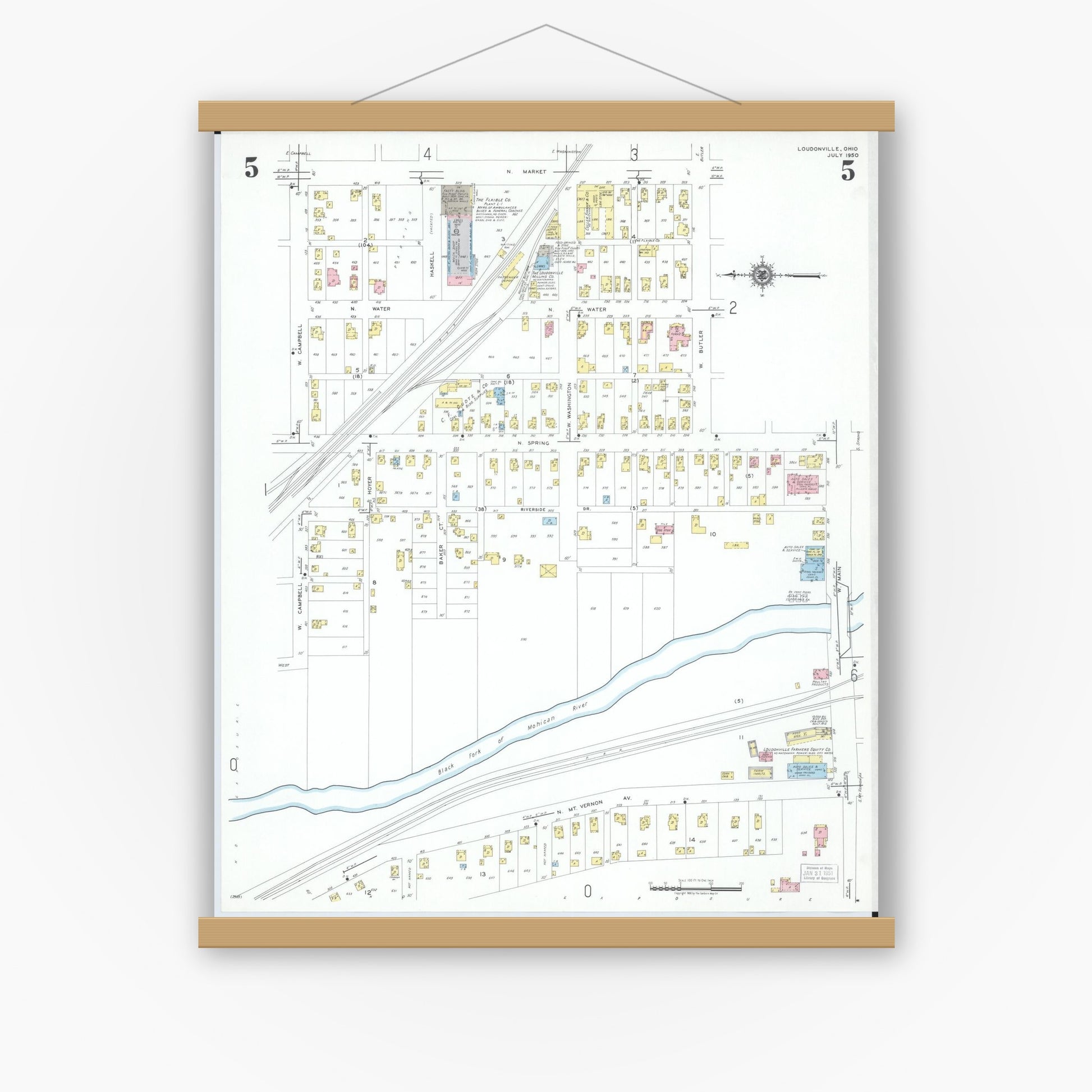 Old map wall art mockup — magnetic wood frame on white wall — Sanborn Fire Insurance Map from Loudonville, Ashland County, Ohio (1950), Sheet #0005