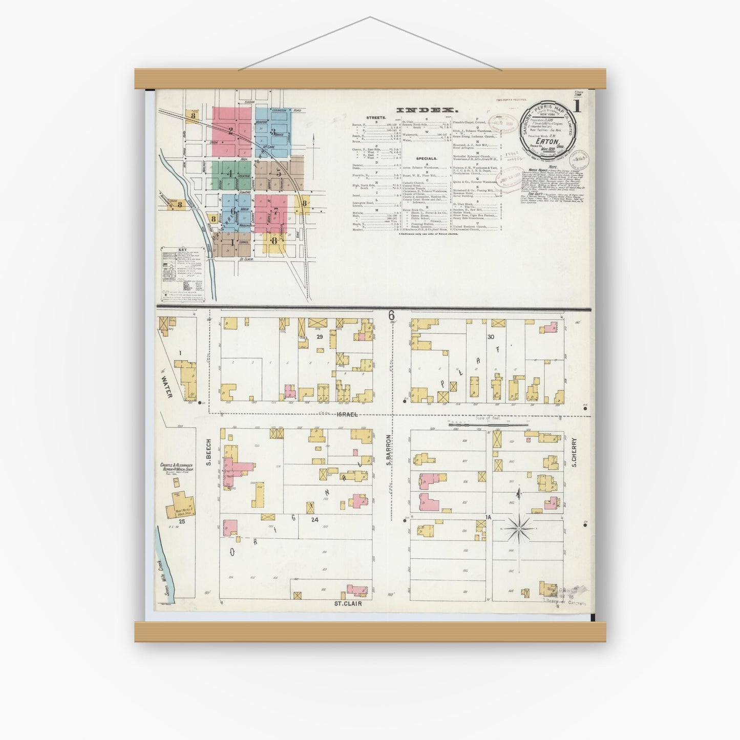 Old map wall art mockup — magnetic wood frame on white wall — Sanborn Fire Insurance Map from Eaton, Preble County, Ohio (1899) - Complete Map Set