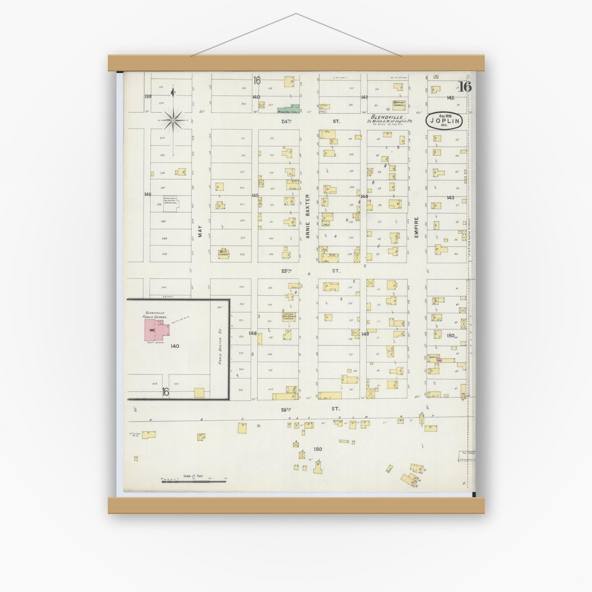 Old map wall art mockup — magnetic wood frame on white wall — Sanborn Fire Insurance Map from Joplin, Jasper County, Missouri (1896), Sheet #0016