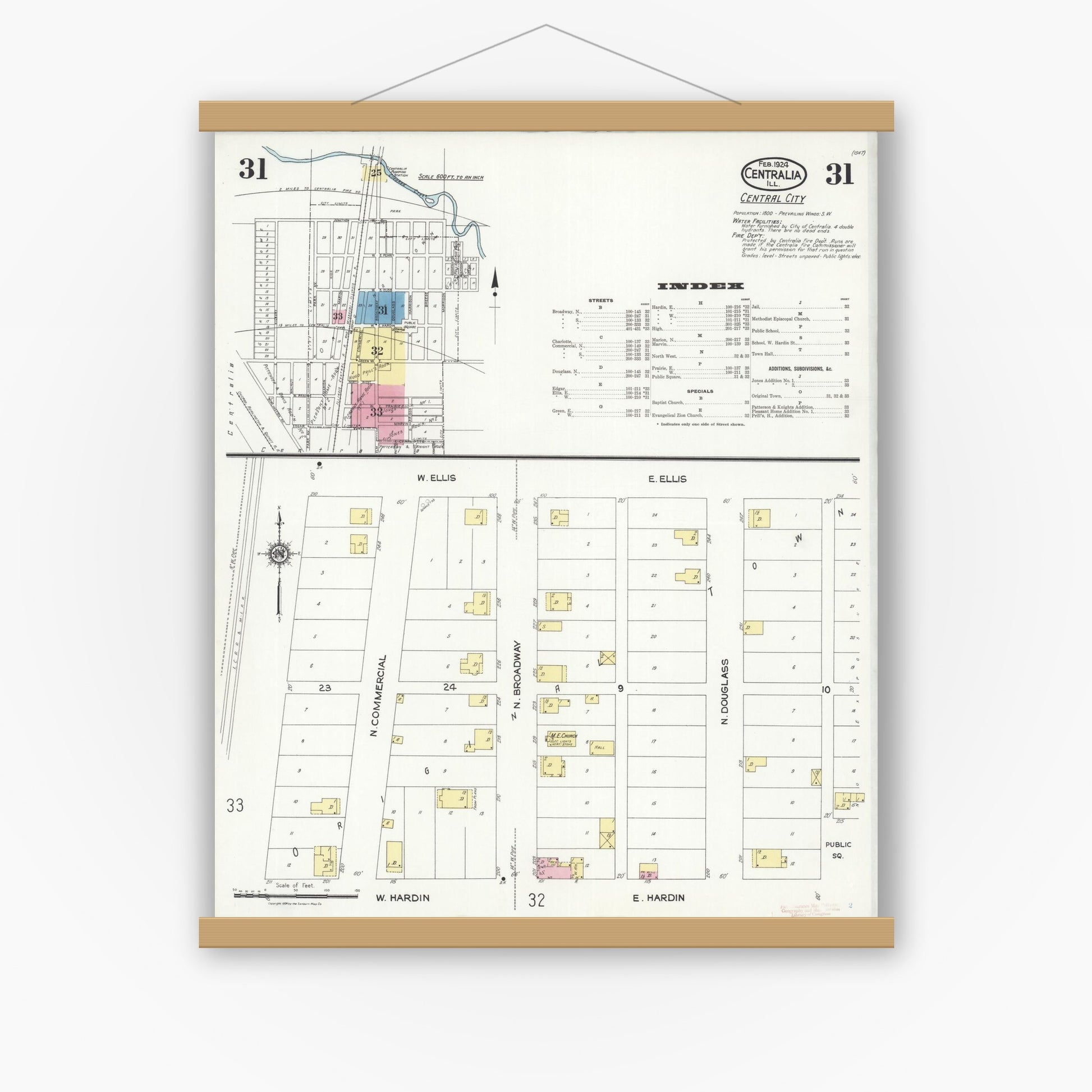 Old map wall art mockup — magnetic wood frame on white wall — Sanborn Fire Insurance Map from Centralia, Marion, Clinton, Jefferson, and Washington Counties, Illinois (1924), Sheet #0031