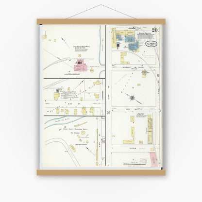 Old map wall art mockup — magnetic wood frame on white wall — Sanborn Fire Insurance Map from Alpena, Alpena County, Michigan (1910), Sheet #0020