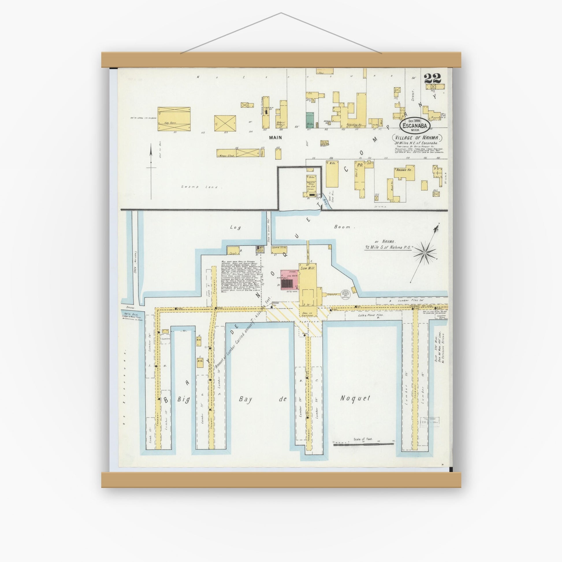 Old map wall art mockup — magnetic wood frame on white wall — Sanborn Fire Insurance Map from Escanaba, Delta County, Michigan (1899), Sheet #0022