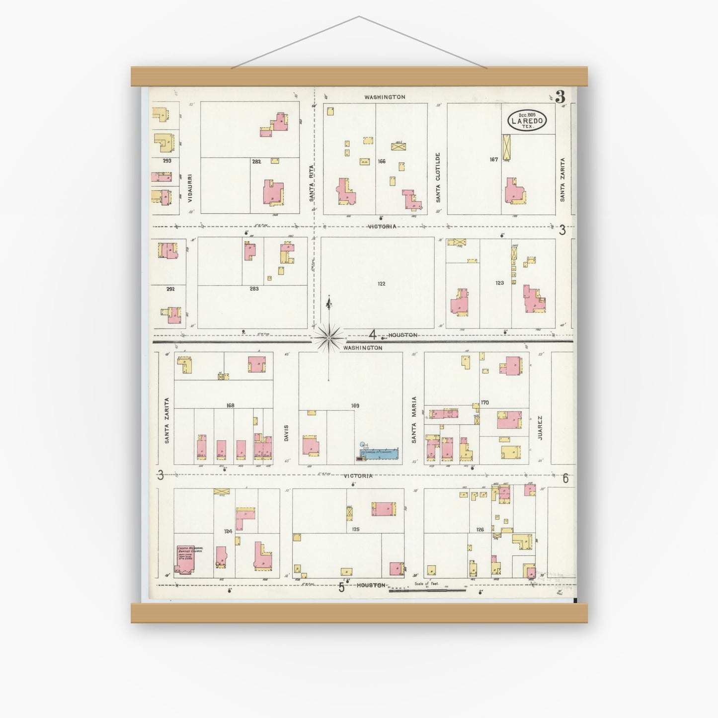 Old map wall art mockup — magnetic wood frame on white wall — Sanborn Fire Insurance Map from Laredo, Webb County, Texas (1905), Sheet #0003