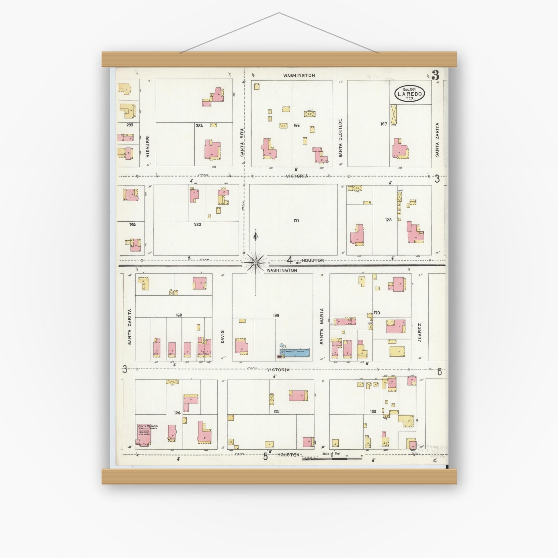 Old map wall art mockup — magnetic wood frame on white wall — Sanborn Fire Insurance Map from Laredo, Webb County, Texas (1905), Sheet #0003