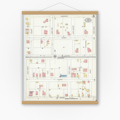 Old map wall art mockup — magnetic wood frame on white wall — Sanborn Fire Insurance Map from Laredo, Webb County, Texas (1905), Sheet #0003