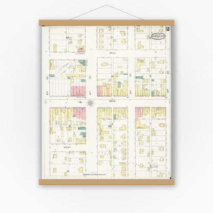 Old map wall art mockup — magnetic wood frame on white wall — Sanborn Fire Insurance Map from Spencer, Clay County, Iowa (1893), Sheet #0002