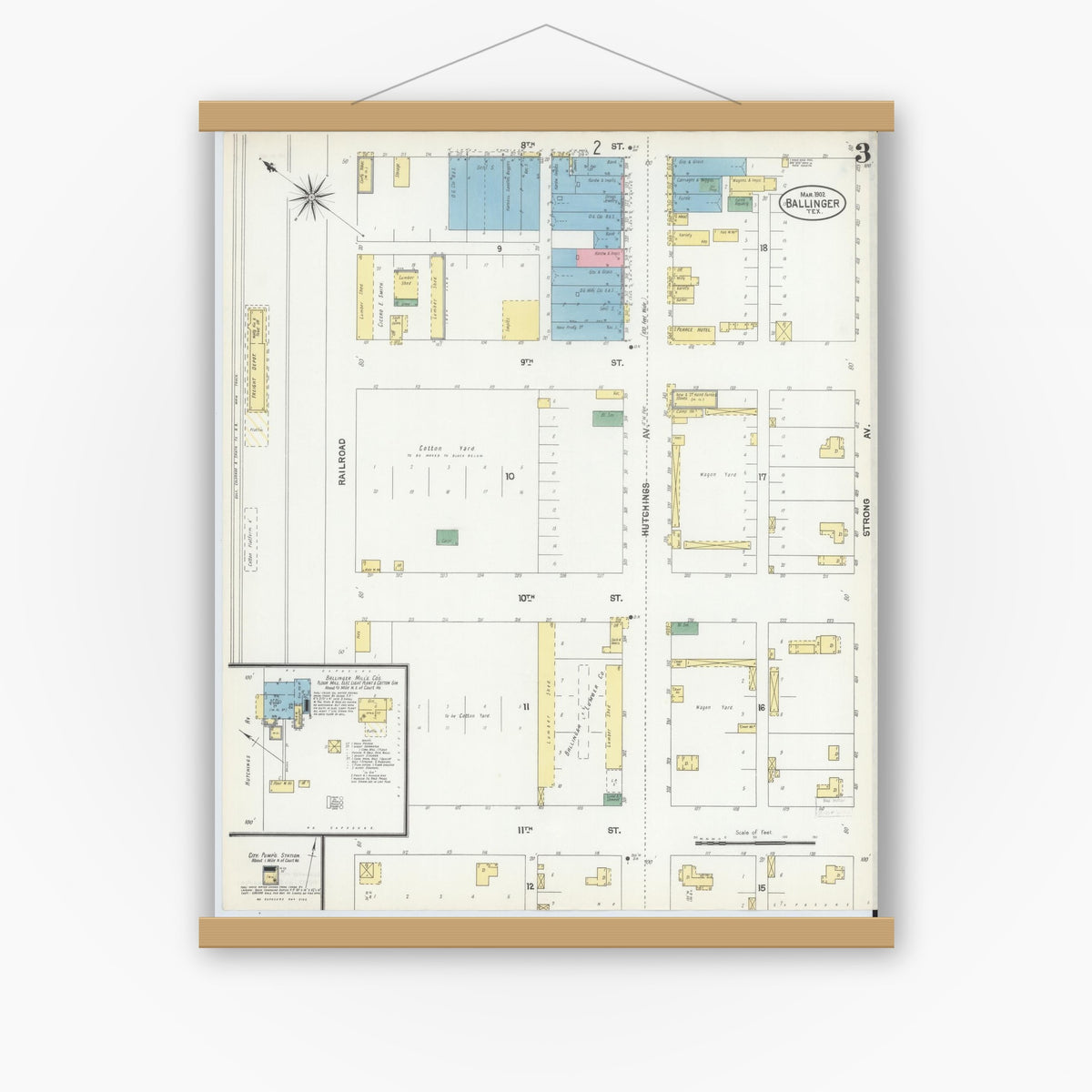 Old map wall art mockup — magnetic wood frame on white wall — Sanborn Fire Insurance Map from Ballinger, Runnels County, Texas (1902), Sheet #0003