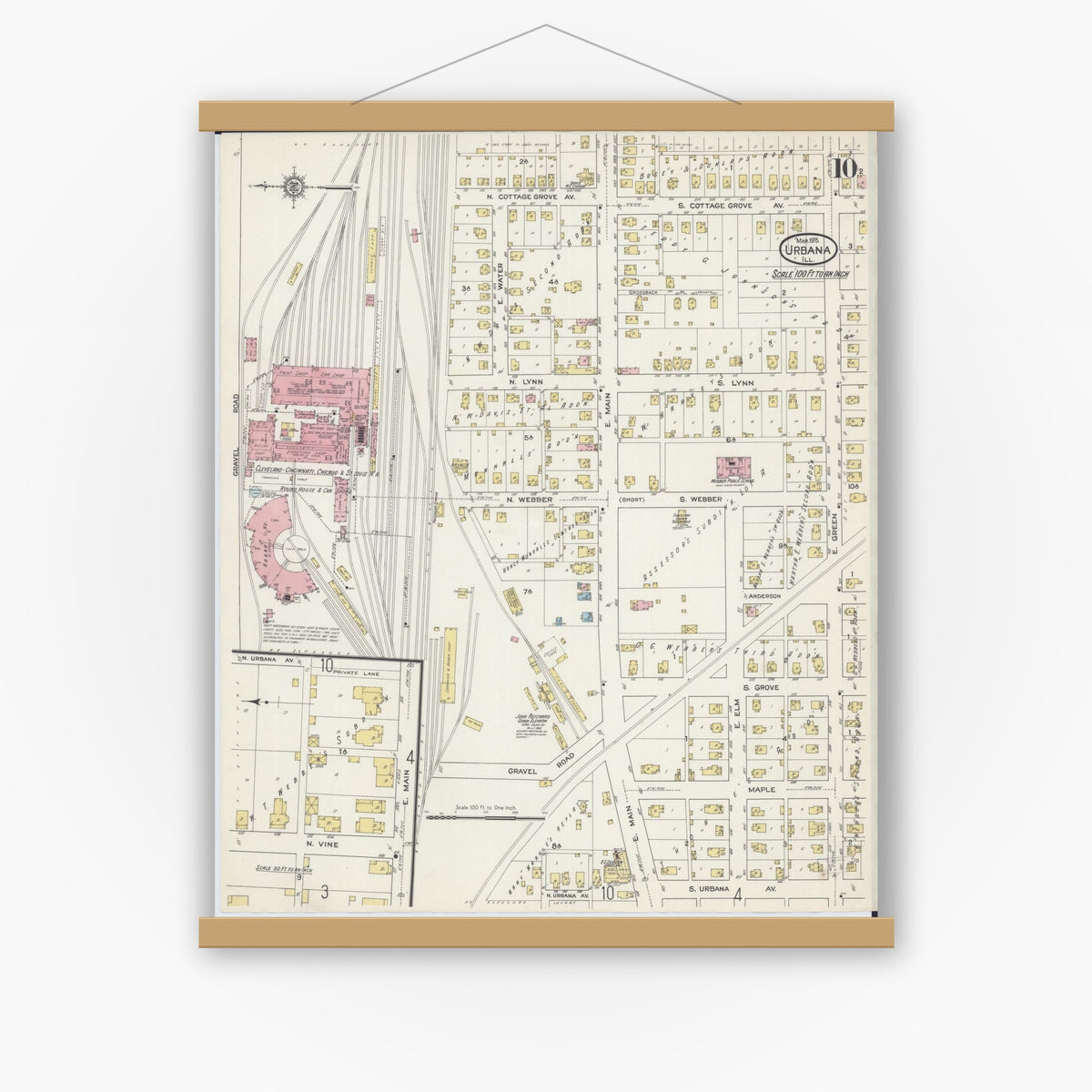 Old map wall art mockup — magnetic wood frame on white wall — Sanborn Fire Insurance Map from Urbana, Champaign County, Illinois (1915), Sheet #0010