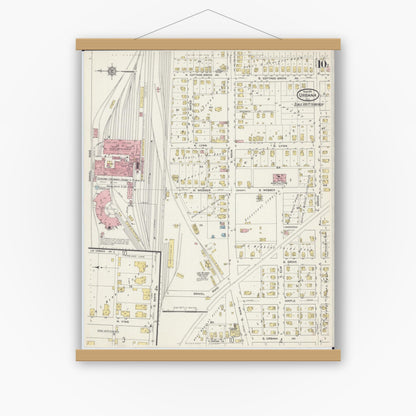 Old map wall art mockup — magnetic wood frame on white wall — Sanborn Fire Insurance Map from Urbana, Champaign County, Illinois (1915), Sheet #0010