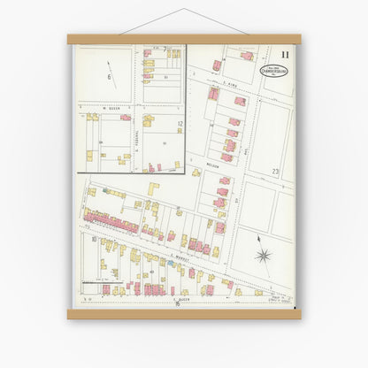 Old map wall art mockup — magnetic wood frame on white wall — Sanborn Fire Insurance Map from Chambersburg, Franklin County, Pennsylvania (1904), Sheet #0011