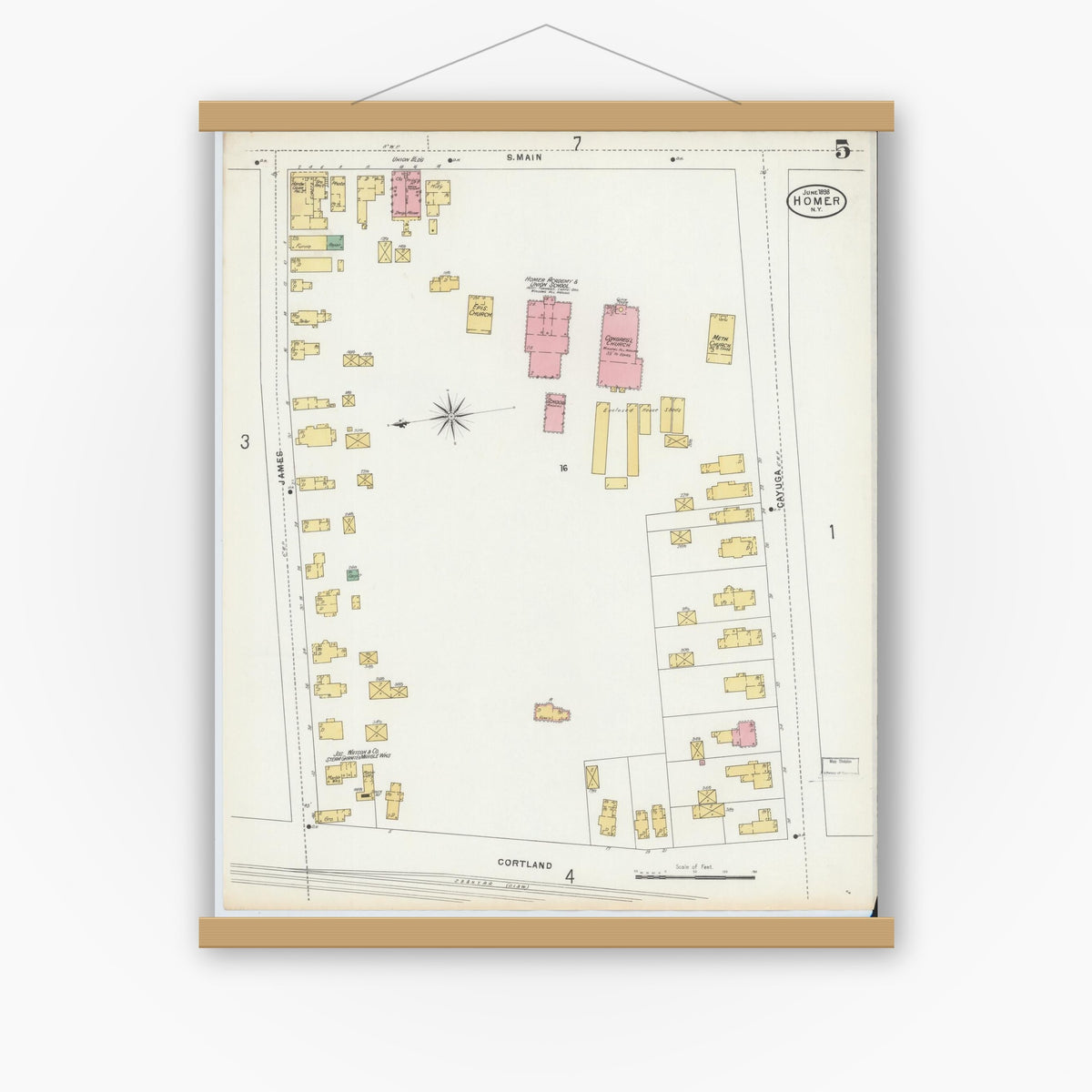 Old map wall art mockup — magnetic wood frame on white wall — Sanborn Fire Insurance Map from Homer, Cortland County, New York (1898), Sheet #0005