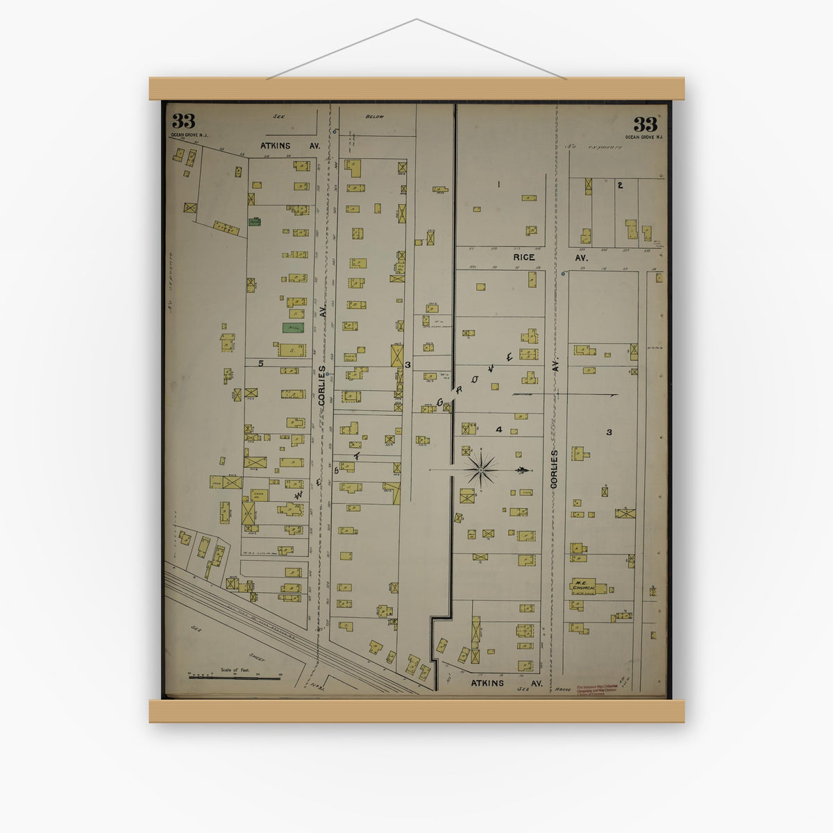 Old map wall art mockup — magnetic wood frame on white wall — Sanborn Fire Insurance Map from New Jersey Coast, New Jersey Coast, New Jersey (1890), Sheet #0033