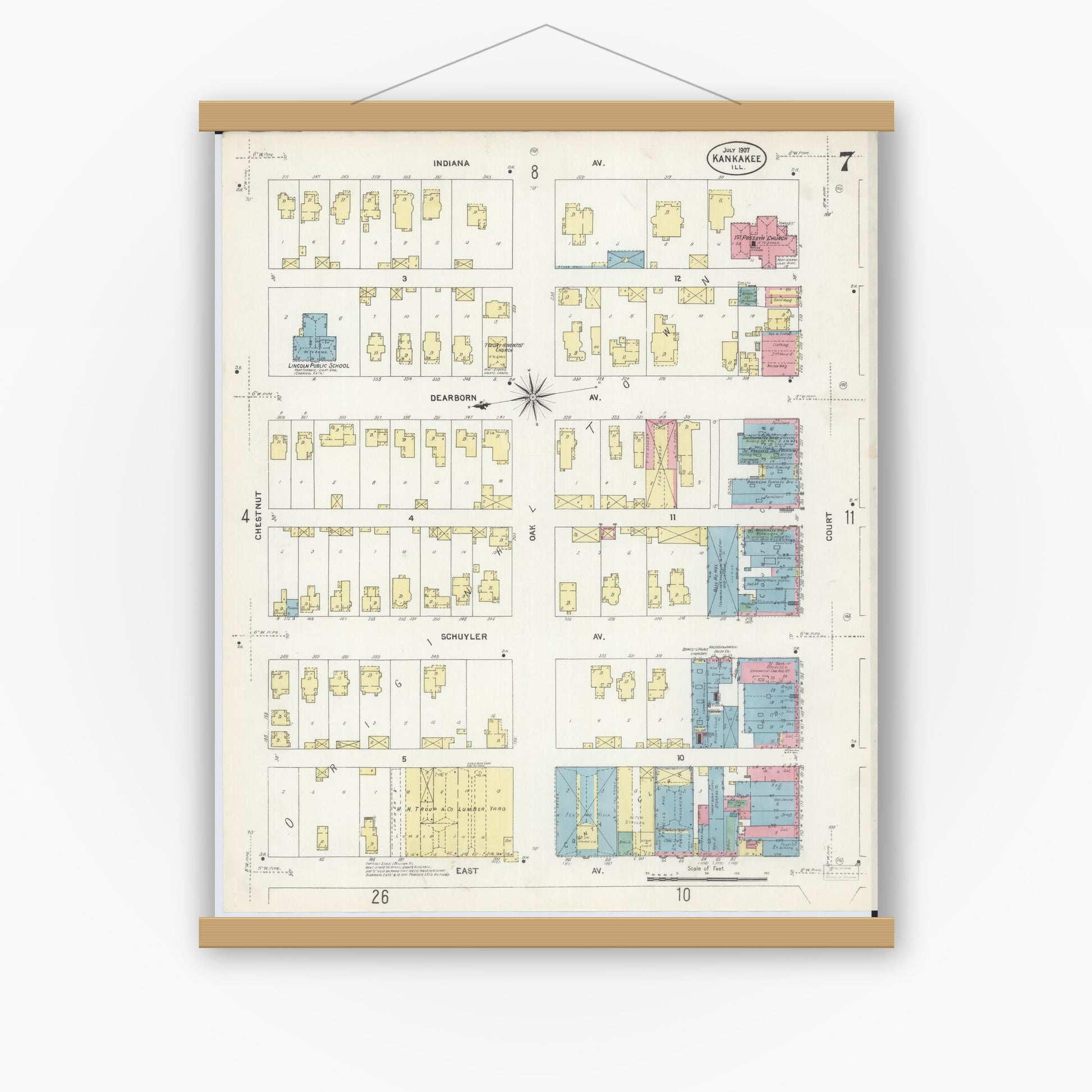 Old map wall art mockup — magnetic wood frame on white wall — Sanborn Fire Insurance Map from Kankakee, Kankakee County, Illinois (1907), Sheet #0007