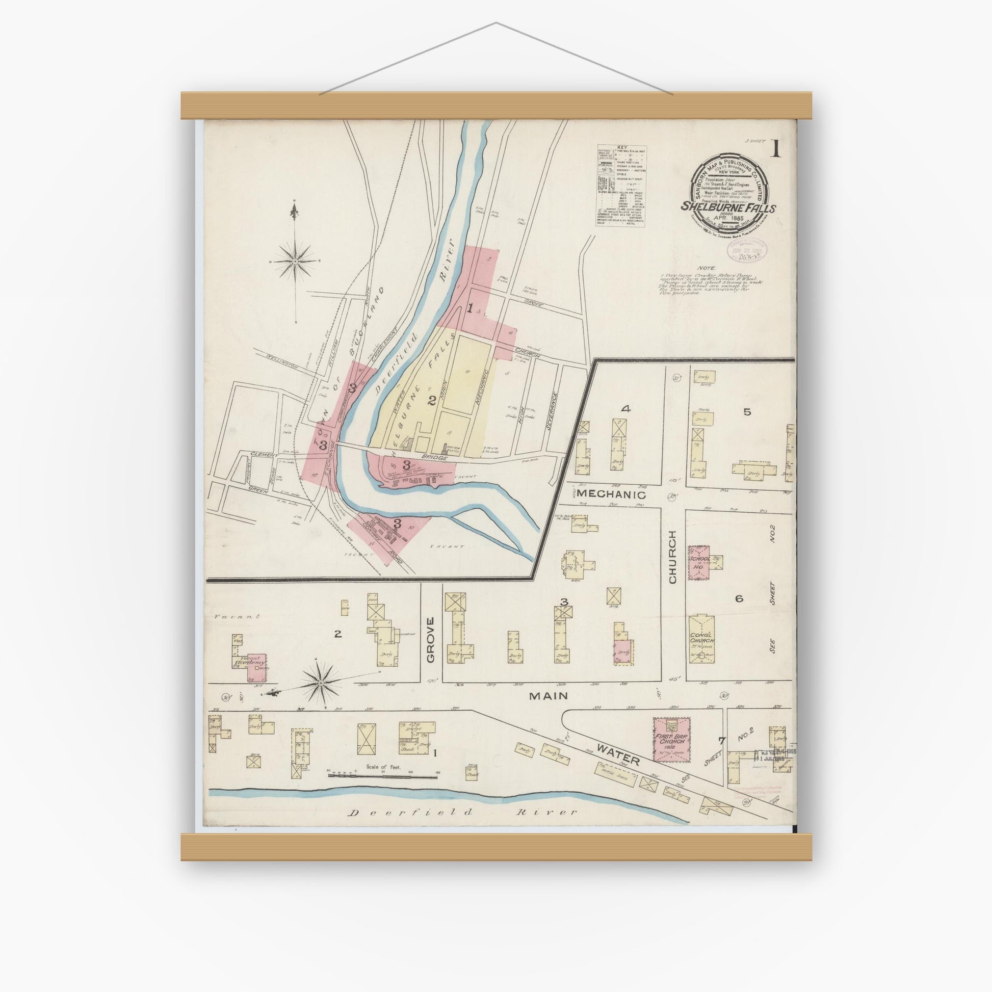 Old map wall art mockup — magnetic wood frame on white wall — Sanborn Fire Insurance Map from Shelburne Falls, Franklin County, Massachusetts (1885), Sheet #0001