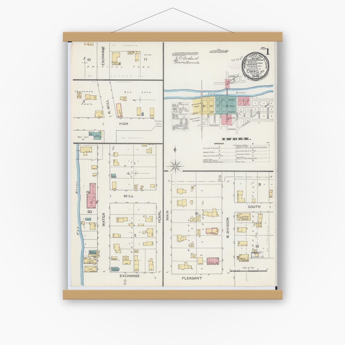 Old map wall art mockup — magnetic wood frame on white wall — Sanborn Fire Insurance Map from Omro, Winnebago County, Wisconsin (1892), Sheet #0001