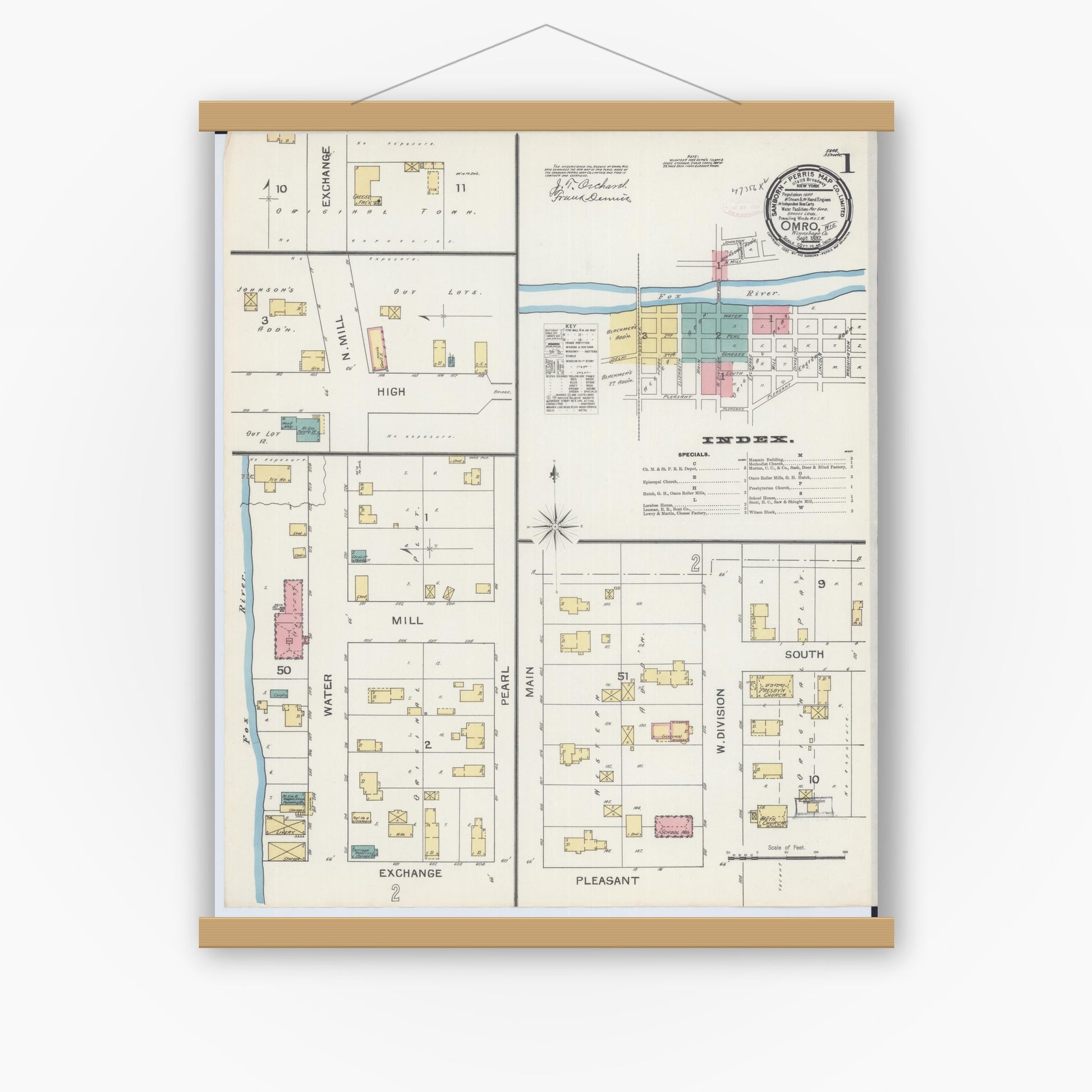 Old map wall art mockup — magnetic wood frame on white wall — Sanborn Fire Insurance Map from Omro, Winnebago County, Wisconsin (1892), Sheet #0001