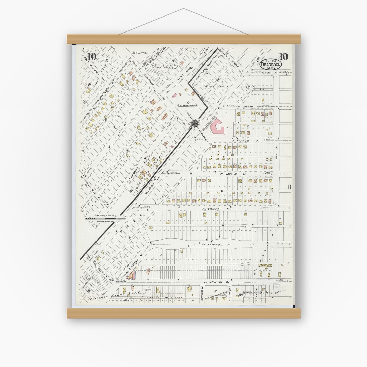 Old map wall art mockup — magnetic wood frame on white wall — Sanborn Fire Insurance Map from Dearborn, Wayne County, Michigan (1924), Sheet #0010