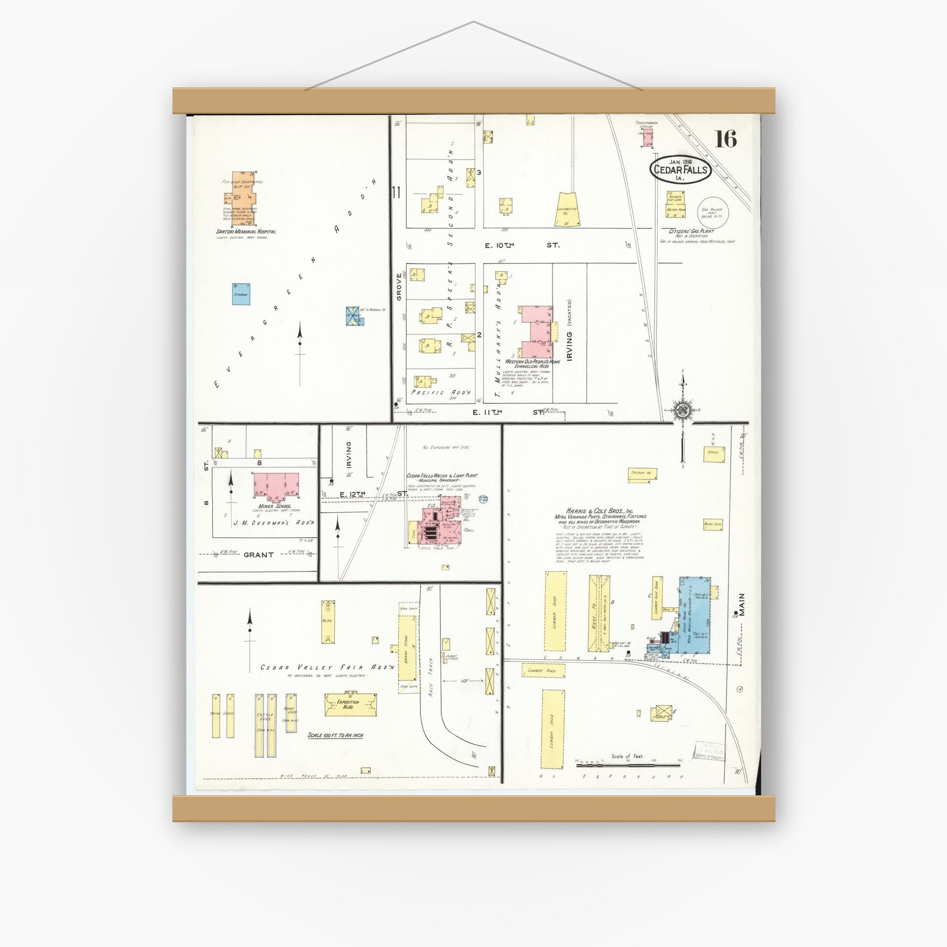 Old map wall art mockup — magnetic wood frame on white wall — Sanborn Fire Insurance Map from Cedar Falls, Black Hawk County, Iowa (1916), Sheet #0016