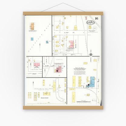 Old map wall art mockup — magnetic wood frame on white wall — Sanborn Fire Insurance Map from Cedar Falls, Black Hawk County, Iowa (1916), Sheet #0016