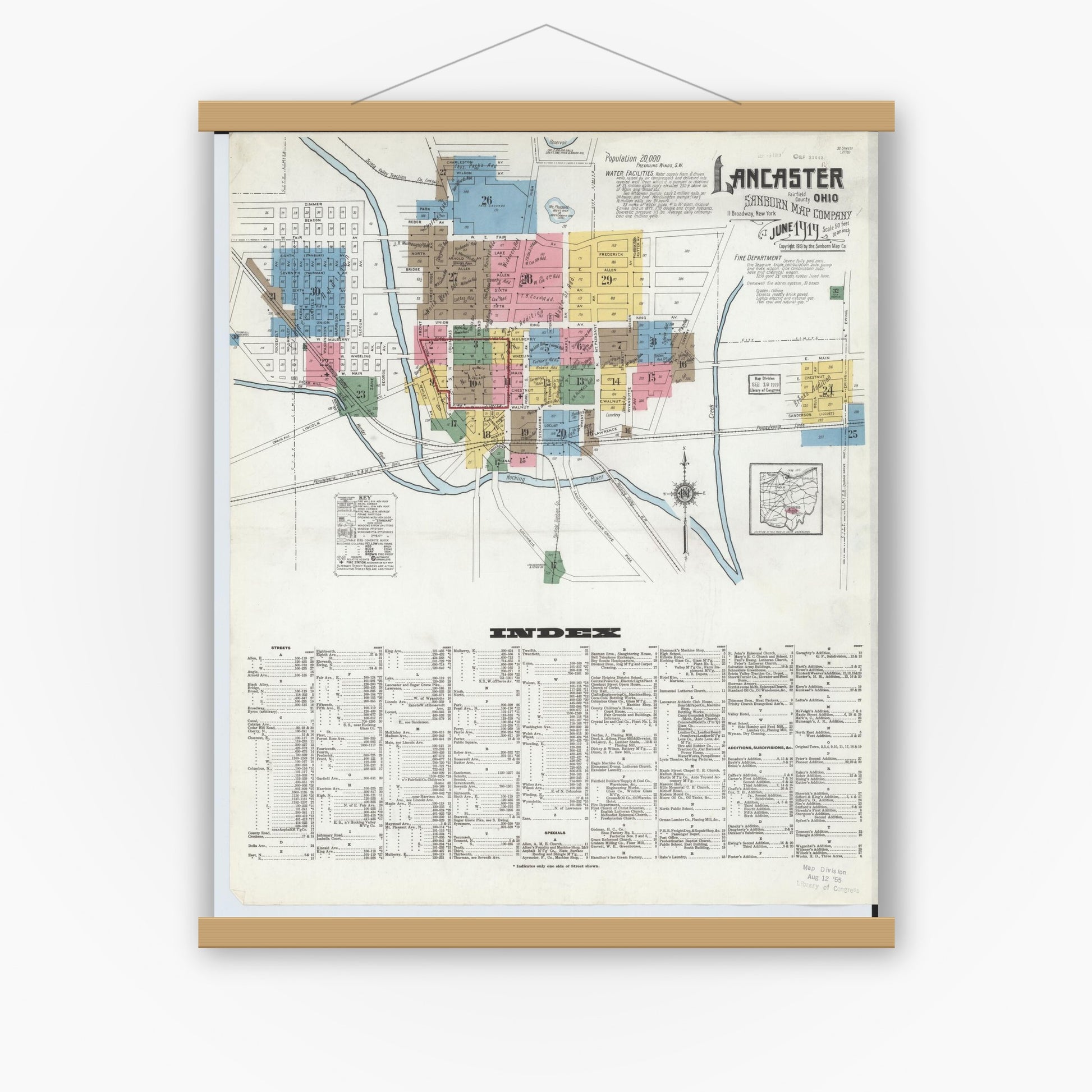 Old map wall art mockup — magnetic wood frame on white wall — Sanborn Fire Insurance Map from Lancaster, Fairfield County, Ohio (1919), Sheet #0001