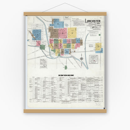 Old map wall art mockup — magnetic wood frame on white wall — Sanborn Fire Insurance Map from Lancaster, Fairfield County, Ohio (1919), Sheet #0001