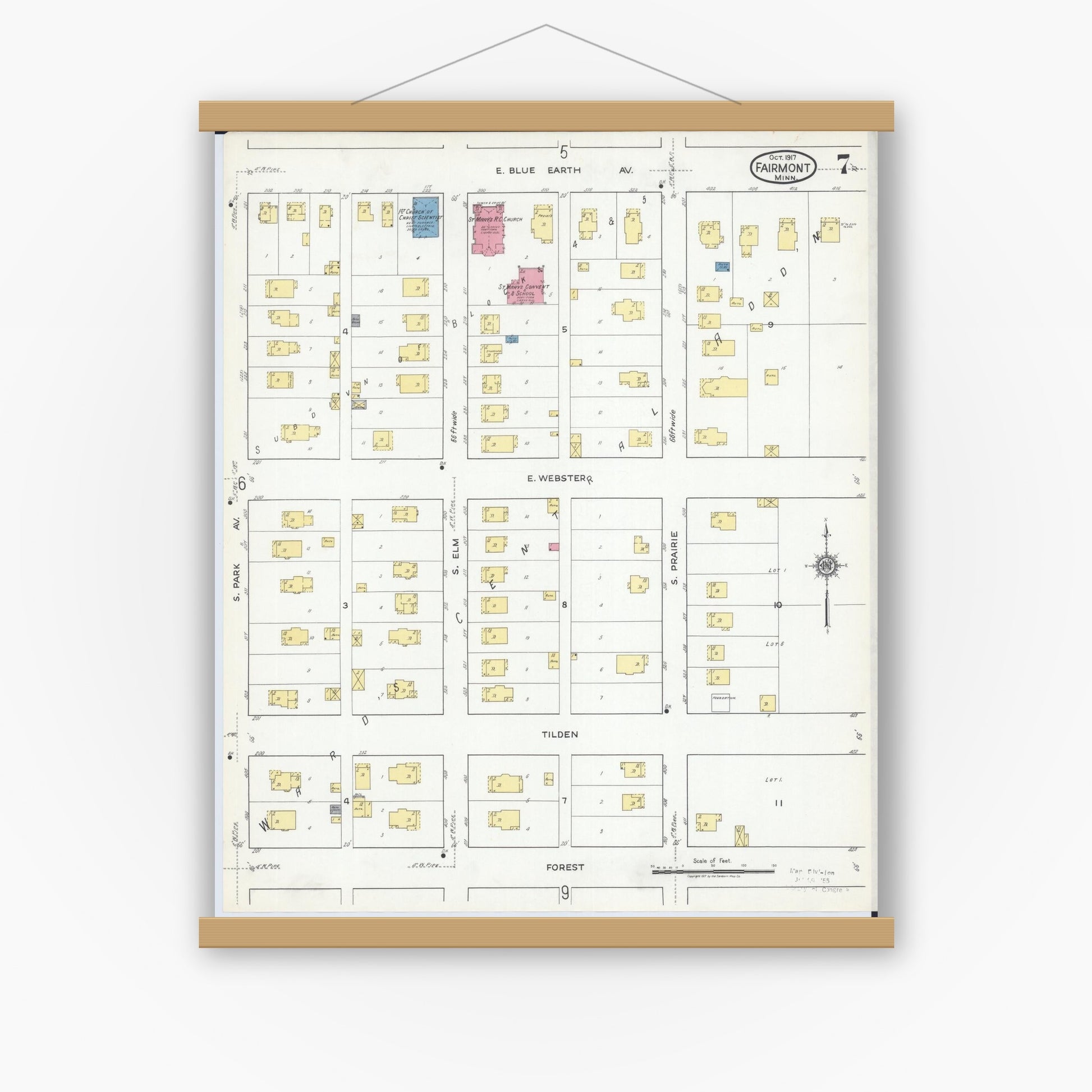 Old map wall art mockup — magnetic wood frame on white wall — Sanborn Fire Insurance Map from Fairmont, Martin County, Minnesota (1917), Sheet #0007