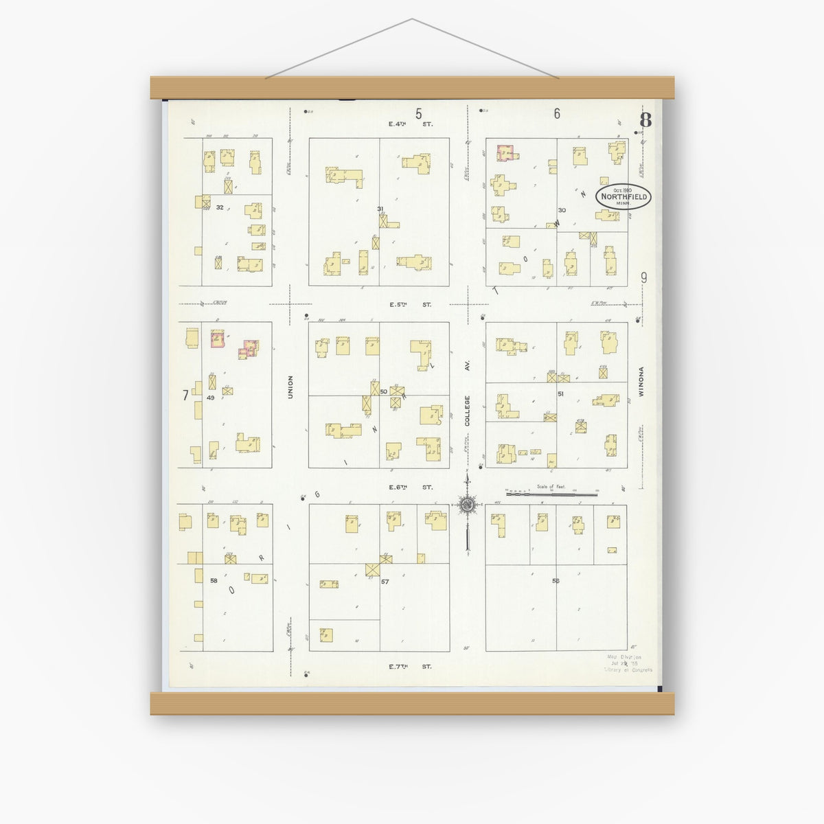 Old map wall art mockup — magnetic wood frame on white wall — Sanborn Fire Insurance Map from Northfield, Rice County, Minnesota (1910), Sheet #0008