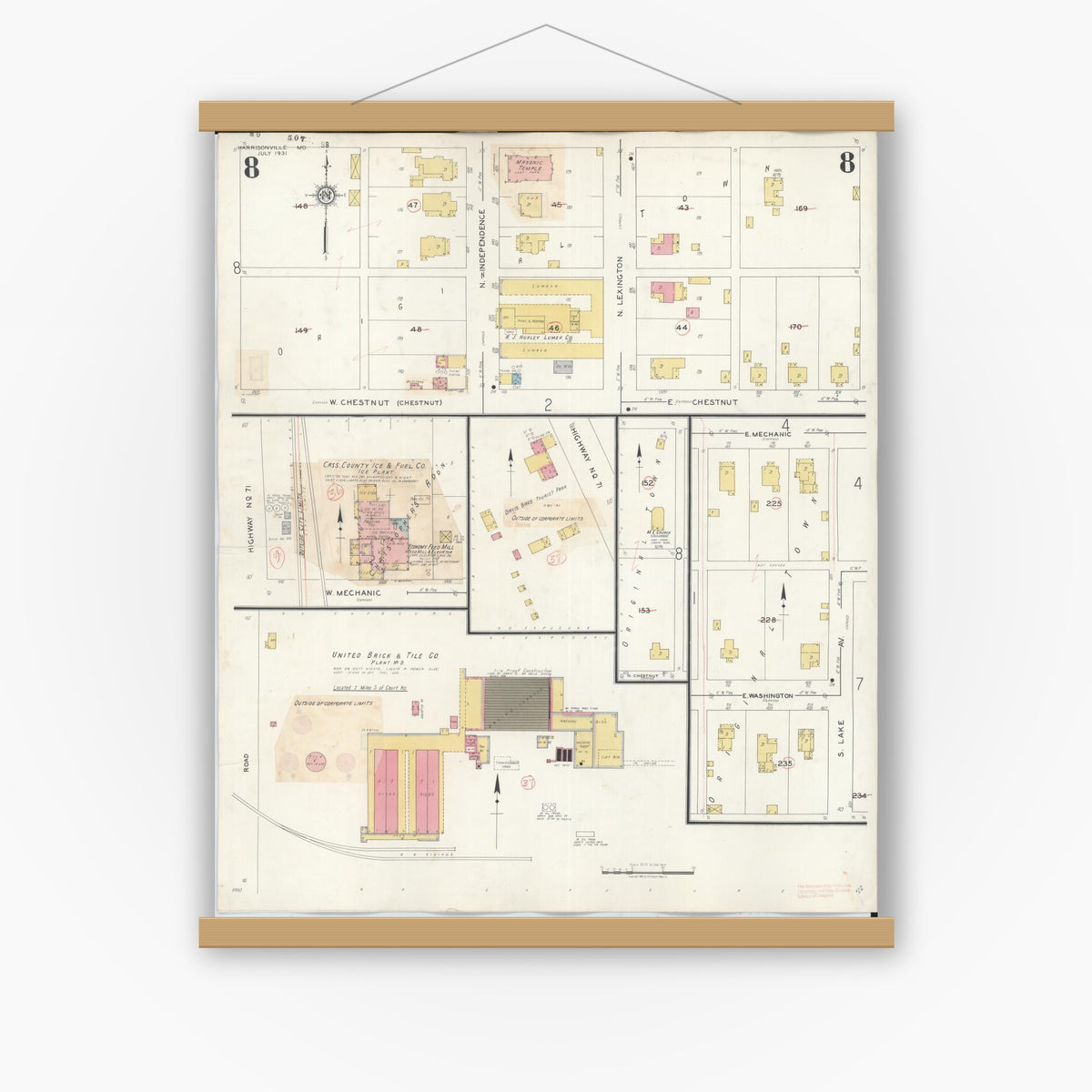 Old map wall art mockup — magnetic wood frame on white wall — Sanborn Fire Insurance Map from Harrisonville, Cass County, Missouri (1939), Sheet #0008