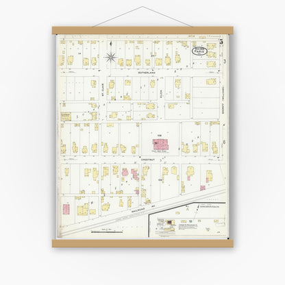 Old map wall art mockup — magnetic wood frame on white wall — Sanborn Fire Insurance Map from Paris, Edgar County, Illinois (1908), Sheet #0005