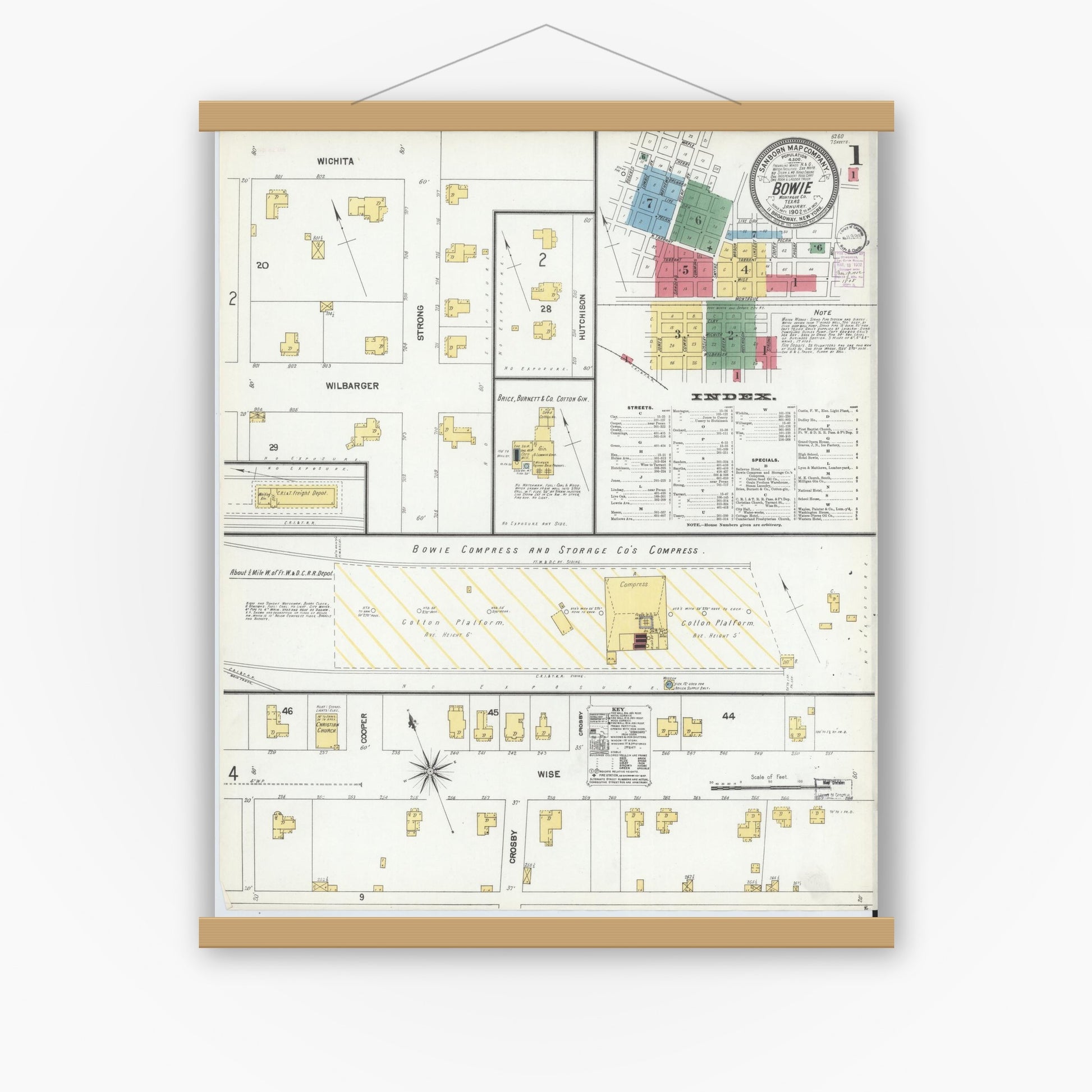 Old map wall art mockup — magnetic wood frame on white wall — Sanborn Fire Insurance Map from Bowie, Montague County, Texas (1902), Sheet #0001