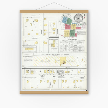 Old map wall art mockup — magnetic wood frame on white wall — Sanborn Fire Insurance Map from Bowie, Montague County, Texas (1902), Sheet #0001