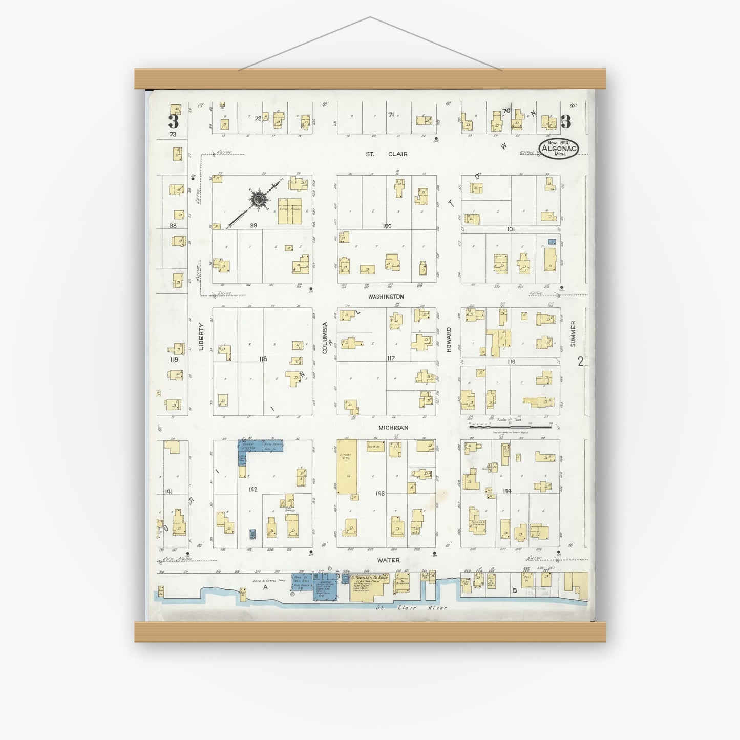 Old map wall art mockup — magnetic wood frame on white wall — Sanborn Fire Insurance Map from Algonac, Saint Clair County, Michigan (1924), Sheet #0003
