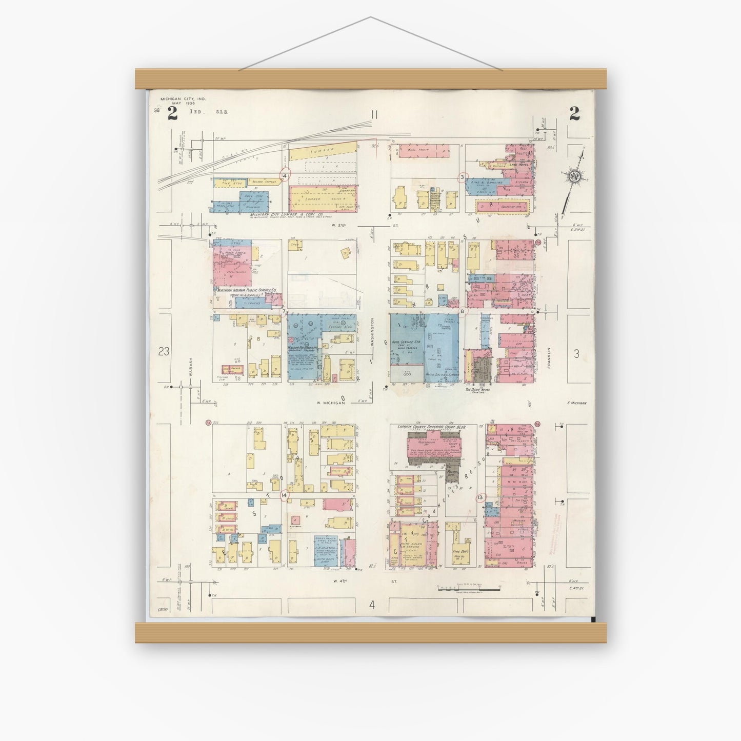 Old map wall art mockup — magnetic wood frame on white wall — Sanborn Fire Insurance Map from Michigan City, La Porte County, Indiana (1948), Sheet #0002