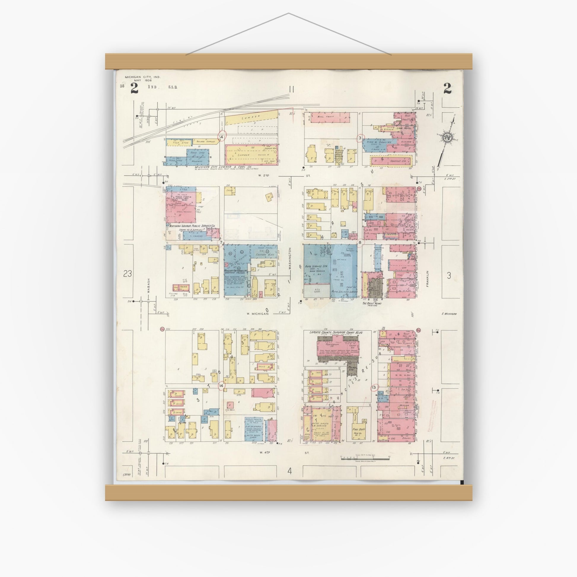 Old map wall art mockup — magnetic wood frame on white wall — Sanborn Fire Insurance Map from Michigan City, La Porte County, Indiana (1948), Sheet #0002