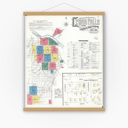 Old map wall art mockup — magnetic wood frame on white wall — Sanborn Fire Insurance Map from Cedar Falls, Black Hawk County, Iowa (1909) â€” Complete Set