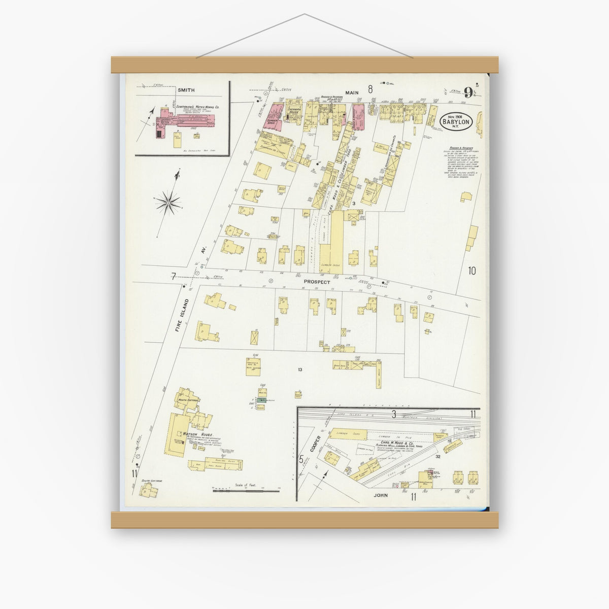 Old map wall art mockup — magnetic wood frame on white wall — Sanborn Fire Insurance Map from Babylon, Suffolk County, New York (1908), Sheet #0009