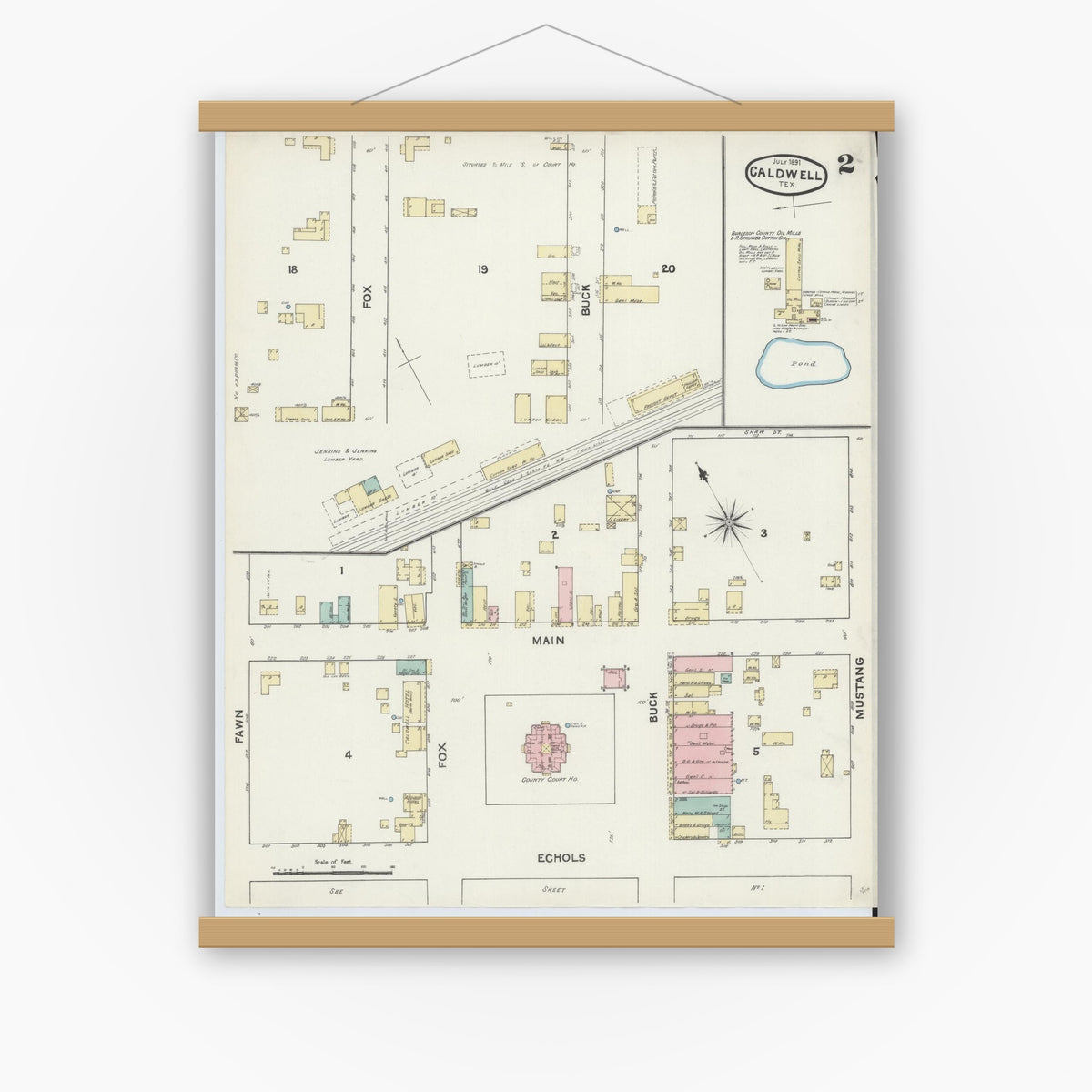 Old map wall art mockup — magnetic wood frame on white wall — Sanborn Fire Insurance Map from Caldwell, Burleson County, Texas (1891), Sheet #0002