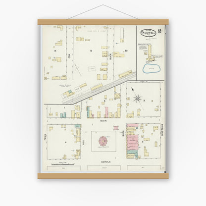 Old map wall art mockup — magnetic wood frame on white wall — Sanborn Fire Insurance Map from Caldwell, Burleson County, Texas (1891), Sheet #0002