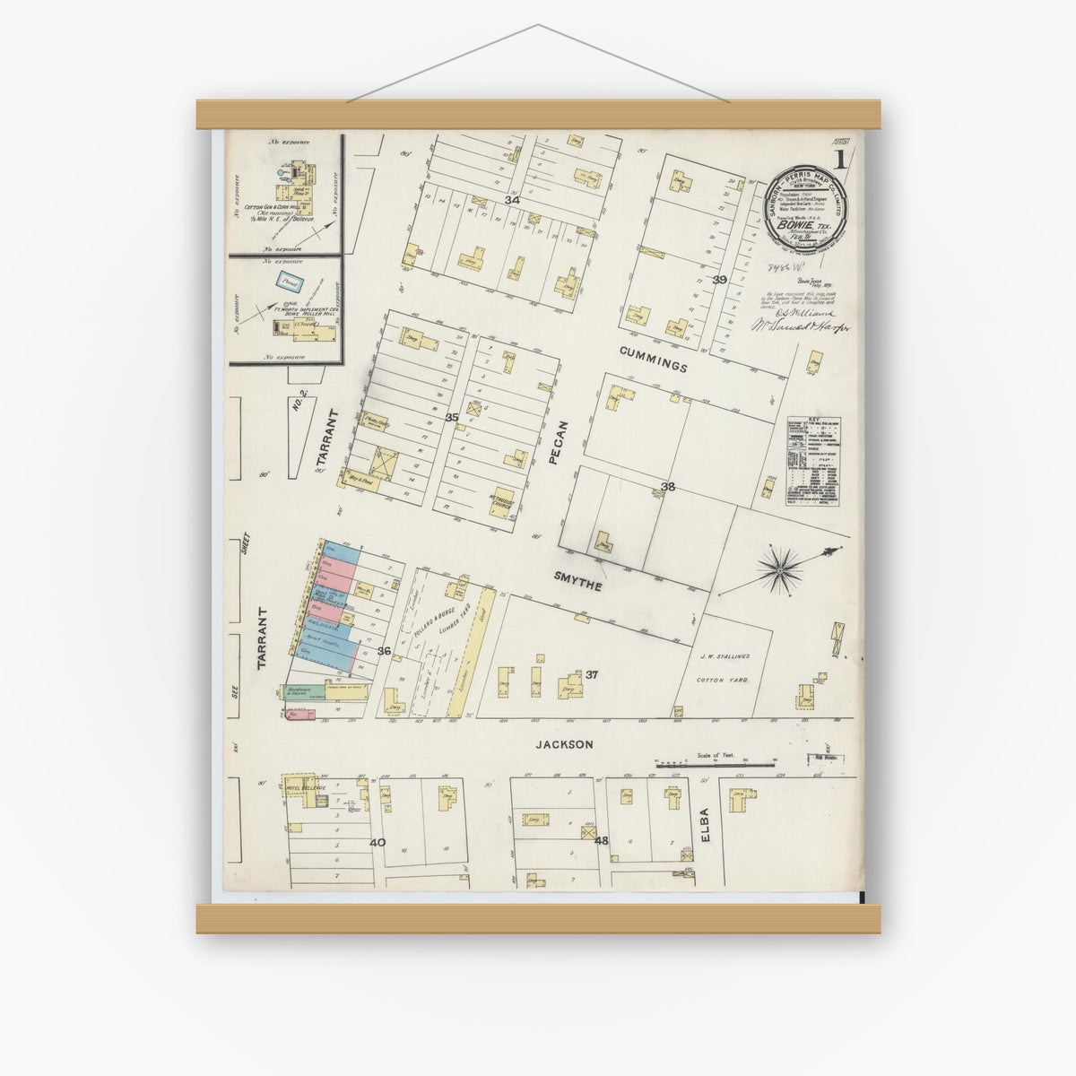 Old map wall art mockup — magnetic wood frame on white wall — Sanborn Fire Insurance Map from Bowie, Montague County, Texas (1891) - Complete Map Set
