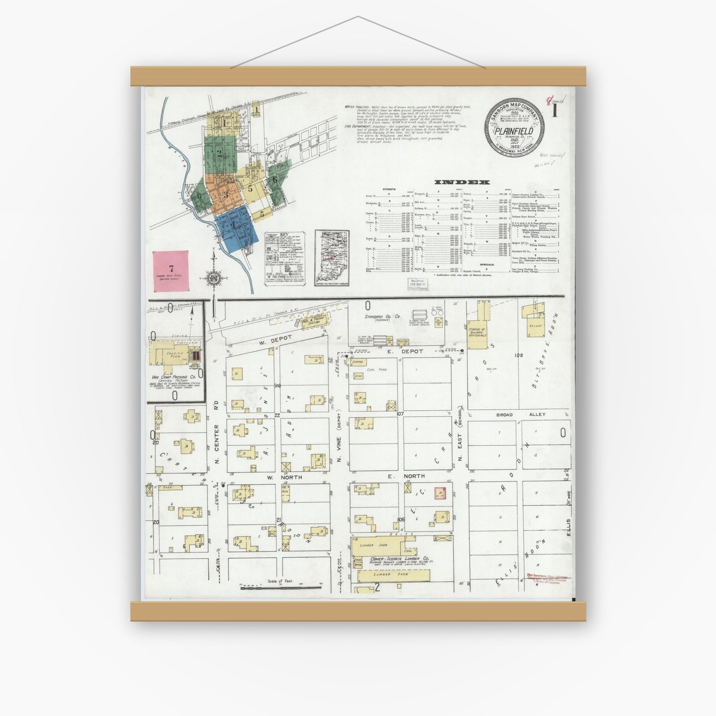 Old map wall art mockup — magnetic wood frame on white wall — Sanborn Fire Insurance Map from Plainfield, Hendricks County, Indiana (1920), Sheet #0001