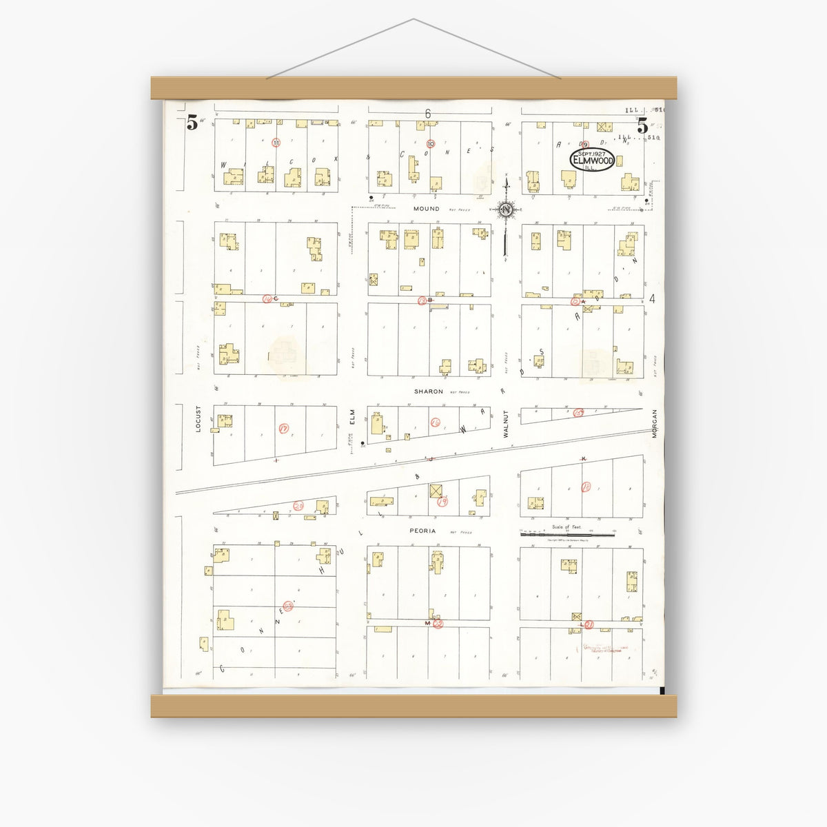 Old map wall art mockup — magnetic wood frame on white wall — Sanborn Fire Insurance Map from Elmwood, Peoria County, Illinois (1944), Sheet #0005
