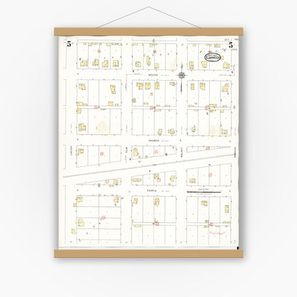 Old map wall art mockup — magnetic wood frame on white wall — Sanborn Fire Insurance Map from Elmwood, Peoria County, Illinois (1944), Sheet #0005