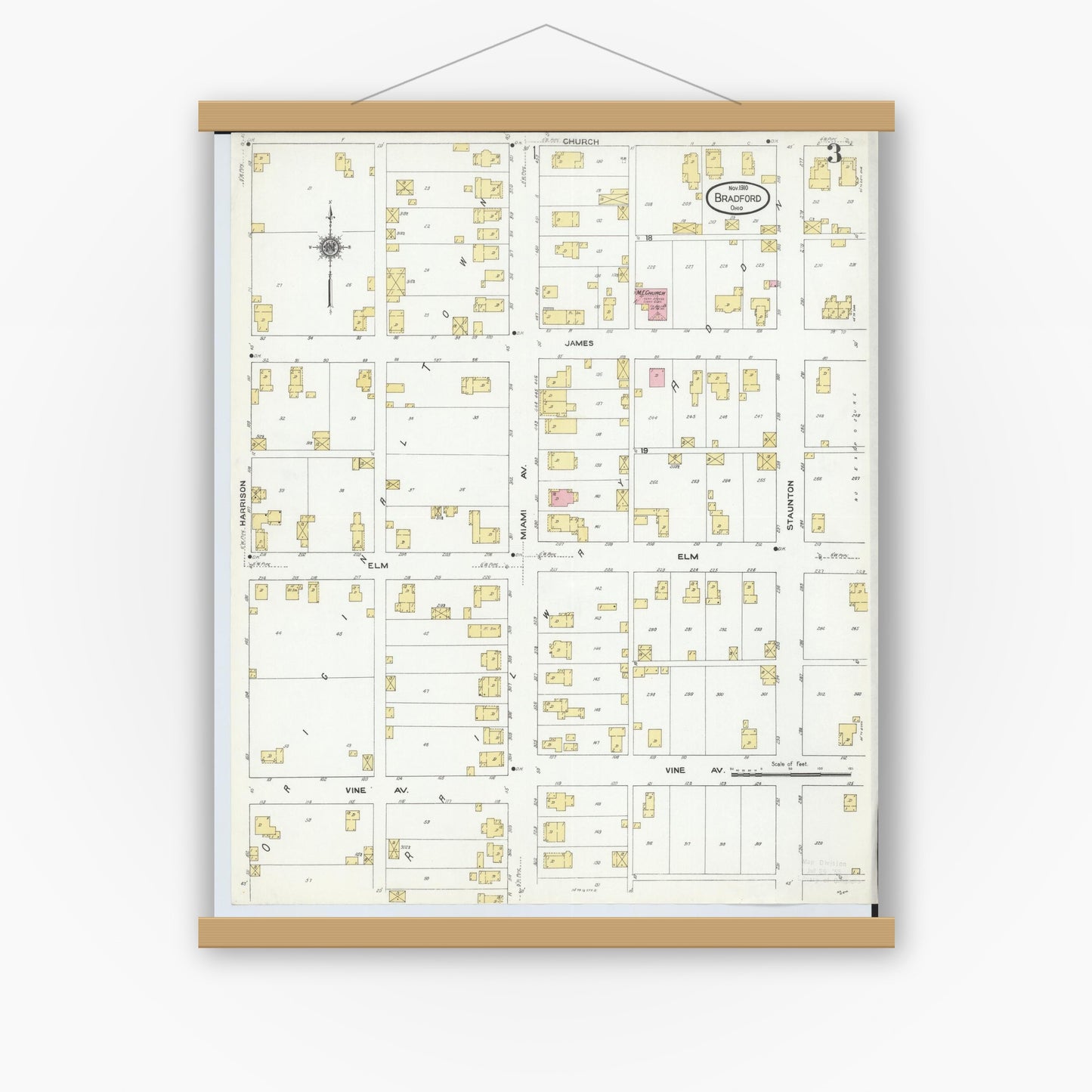Old map wall art mockup — magnetic wood frame on white wall — Sanborn Fire Insurance Map from Bradford, Darke and Miami Counties, Ohio (1910), Sheet #0003
