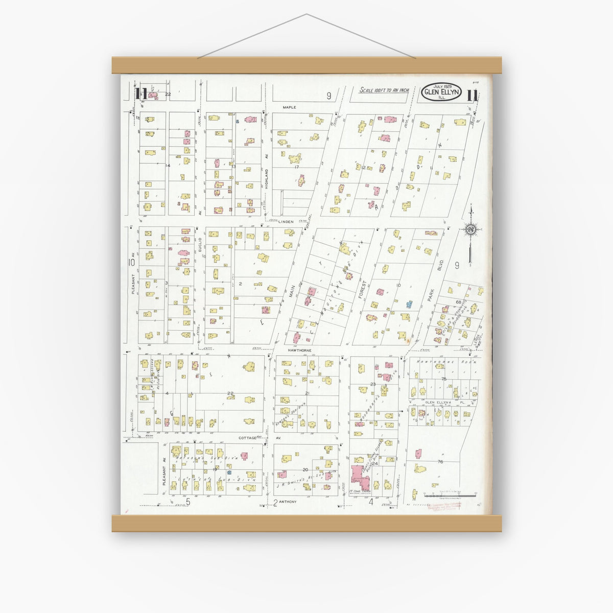 Old map wall art mockup — magnetic wood frame on white wall — Sanborn Fire Insurance Map from Glen Ellyn, Du Page County, Illinois (1929), Sheet #0011