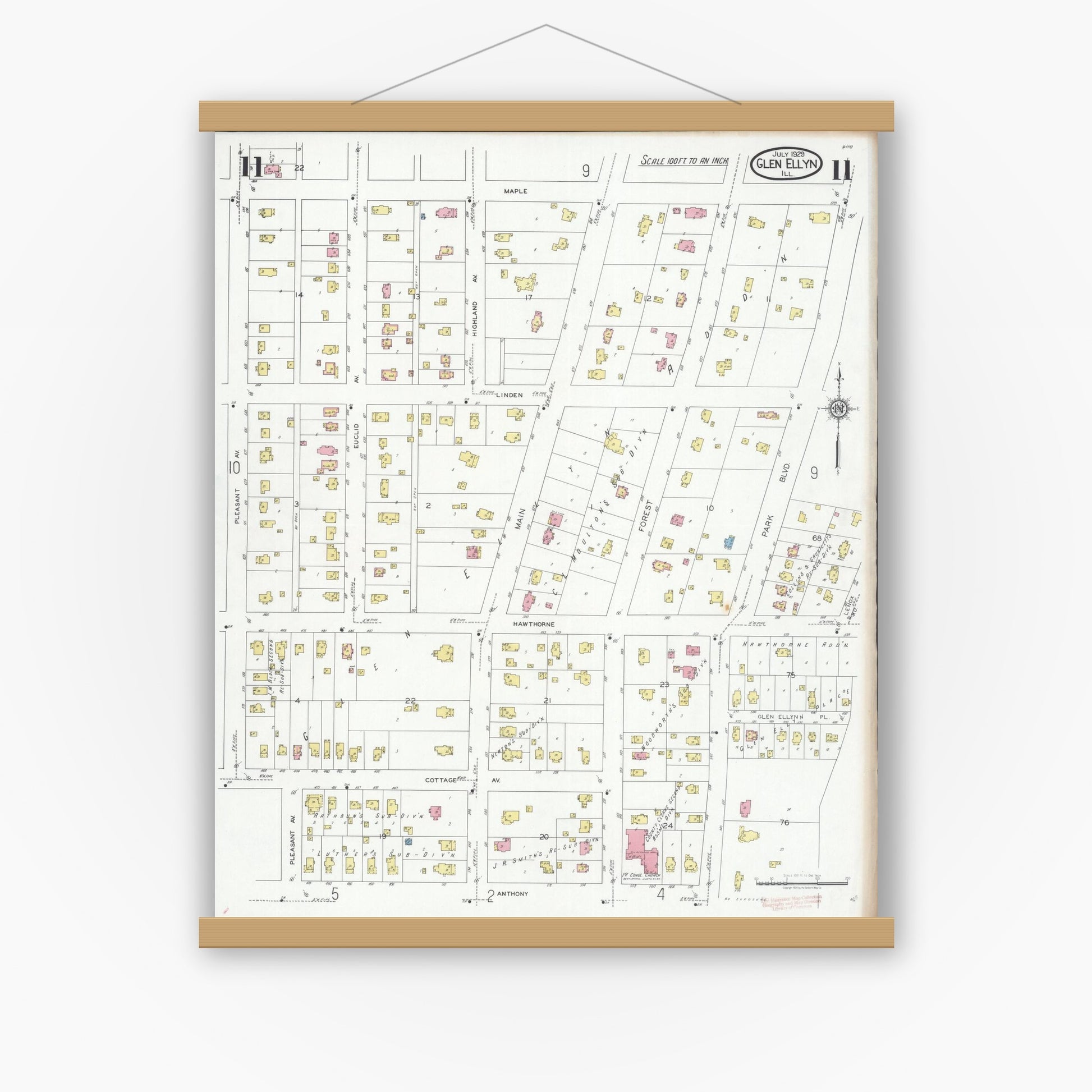 Old map wall art mockup — magnetic wood frame on white wall — Sanborn Fire Insurance Map from Glen Ellyn, Du Page County, Illinois (1929), Sheet #0011